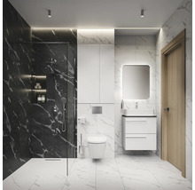 Modernes Badezimmer mit Dusche, Waschbecken, Spiegelschrank und Toilette in Schwarz und Weiss.