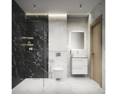 Modernes Badezimmer mit Dusche, Toilette, Waschbecken und Spiegel