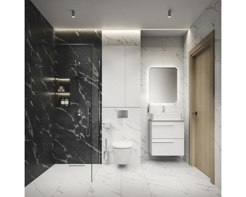 Modernes Badezimmer mit Dusche, Waschbecken, Spiegelschrank und Toilette