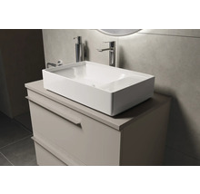 Salle de bain moderne avec vasque à poser, meuble sous-vasque, robinet et distributeur de savon