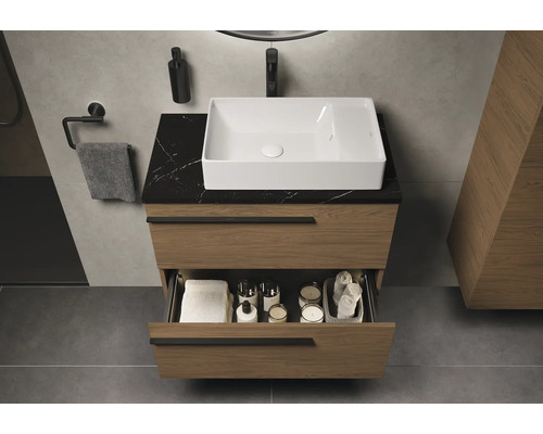 Meuble sous-lavabo avec tiroir ouvert, plateau en pierre, lavabo à poser