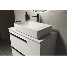 Salle de bain avec vasque à poser, meuble sous-vasque, robinetterie et distributeur de savon
