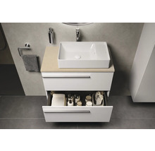 Salle de bain moderne avec meuble sous-lavabo blanc, tiroir ouvert et vasque à poser