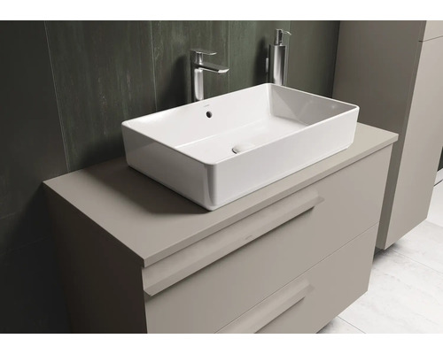 Meuble sous-vasque avec vasque à poser, robinetterie et distributeur de savon dans la salle de bains.