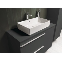 Vasque rectangulaire à poser sur meuble-lavabo gris avec tiroirs, robinet et distributeur de savon