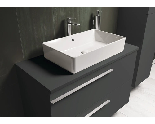Vasque rectangulaire à poser sur meuble-lavabo gris avec tiroirs, robinet et distributeur de savon