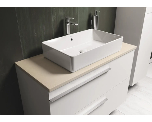 Meuble sous-lavabo avec lavabo à poser, robinetterie et distributeur de savon