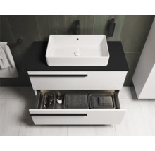 Meuble sous-vasque avec vasque à poser, tiroirs et accessoires de salle de bain