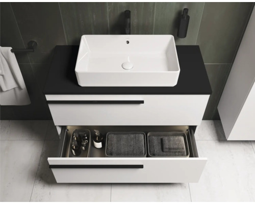 Meuble sous-vasque avec vasque à poser, tiroirs et accessoires de salle de bain