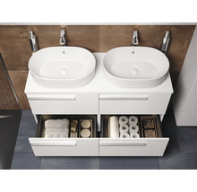 Meuble-lavabo double avec vasques blanches et meuble bas ouvert avec serviettes et papier toilette