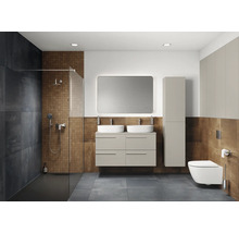 Salle de bain moderne avec douche, meuble-lavabo avec double vasque, miroir, armoire haute et toilettes.