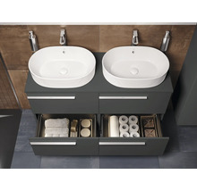 Meuble-lavabo double avec système de tiroirs ouverts pour articles de salle de bains