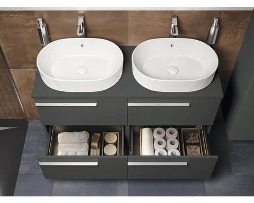 Meuble-lavabo double avec système de tiroirs ouverts pour articles de salle de bains