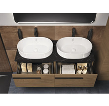Meuble-lavabo double avec élément de tiroir ouvert et vasques à poser dans la salle de bains