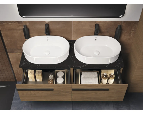 Meuble-lavabo double avec élément de tiroir ouvert et vasques à poser dans la salle de bains