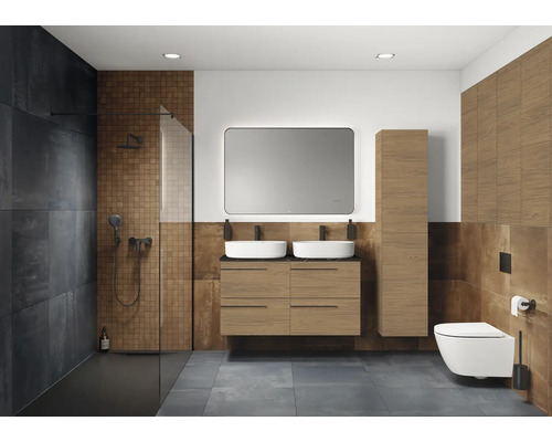 Salle de bains moderne avec douche, meuble-lavabo avec deux lavabos, miroir et toilettes.