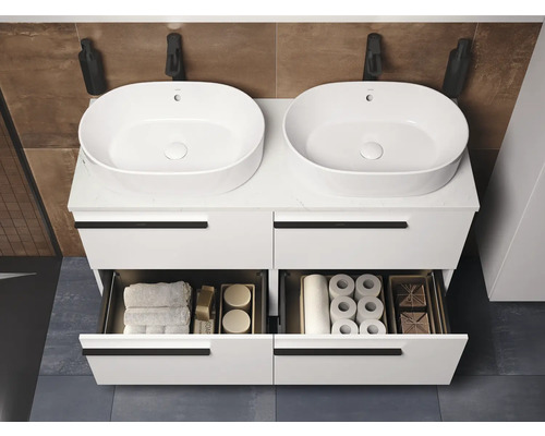 Meuble-lavabo double avec vasques à poser blanches et tiroirs ouverts pour le rangement dans la salle de bain