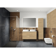 Salle de bain moderne avec douche, meuble-lavabo double vasque, miroir et toilettes.