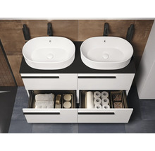 Meuble-lavabo avec deux vasques, tiroirs et accessoires de salle de bain