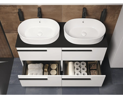 Meuble-lavabo avec deux vasques, tiroirs et accessoires de salle de bain
