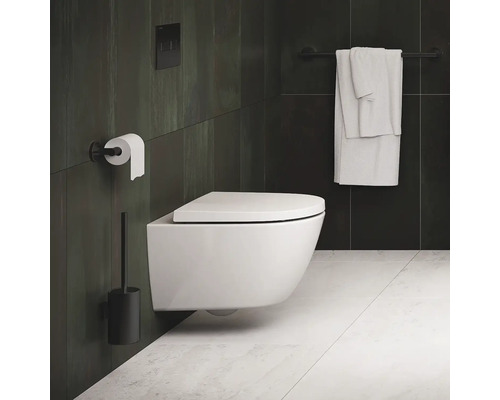 Salle de bains avec WC suspendu, porte-papier toilette, brosse WC et porte-serviettes