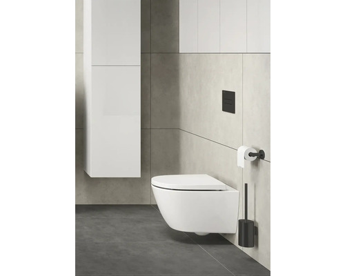Salle de bains moderne avec WC suspendu, réservoir de chasse d'eau et porte-brosse de toilette