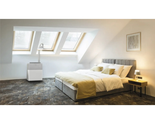 Chambre avec fenêtres de toit, lit et climatiseur mobile