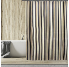 Salle de bains avec baignoire et rideau de douche rayé