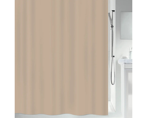 Rideau de douche en tissu beige dans la salle de bain