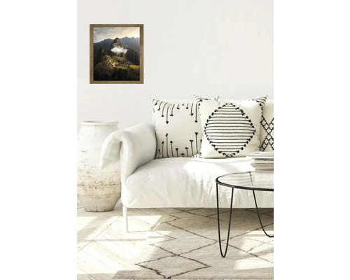 Salon avec une image encadrée du Machu Picchu, coussins, table basse et tapis.