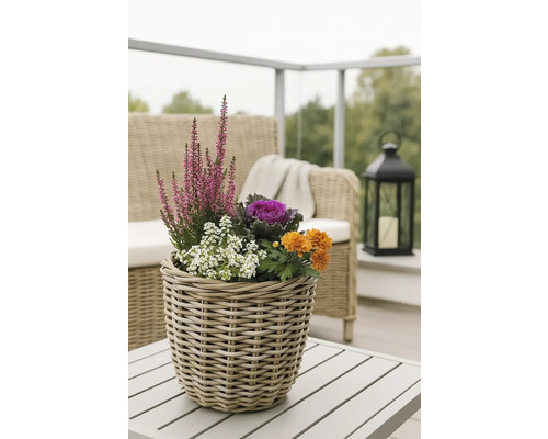 Fleurs et plantes décoratives dans un panier tressé sur une table d'extérieur.