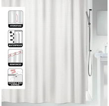 Rideau de douche blanc avec revêtement hydrofuge et imperméable, œillets renforcés et adapté aux barres de douche à effet surprise.