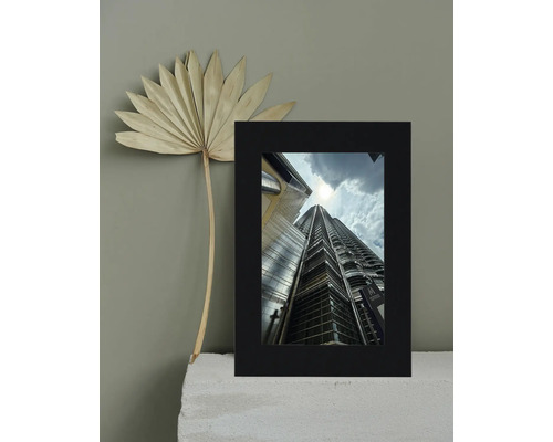Image encadrée d'un gratte-ciel avec une feuille de palmier séchée en décoration