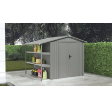 Abri de jardin en métal avec étagères dans le jardin