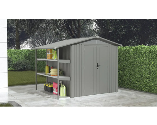 Abri de jardin en métal avec étagères dans le jardin