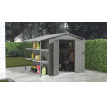 Abri de jardin métallique avec annexe ouverte et étagères pour rangement de jardin