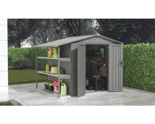 Abri de jardin métallique avec annexe ouverte et étagères pour rangement de jardin