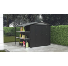 Gartenschrank mit Regalen zur Aufbewahrung von Gartengeräten und -zubehör.