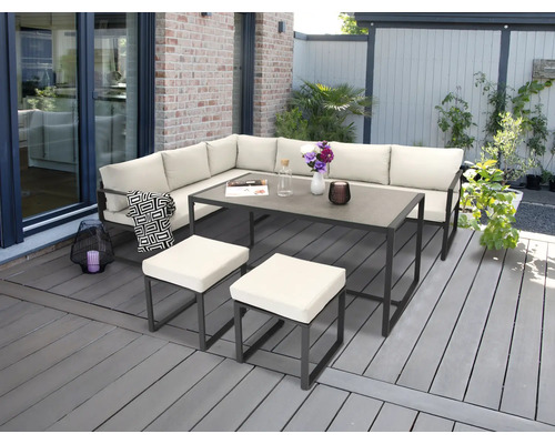 Garden Place Gartenlounge Steel Gartensitzgruppe mit Ecksofa, Tisch und Hockern auf einer Terrasse