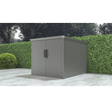 Abri de jardin métallique avec double porte dans le jardin