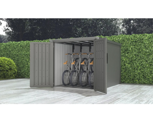 Box à vélos avec portes ouvertes et vélos à l'intérieur