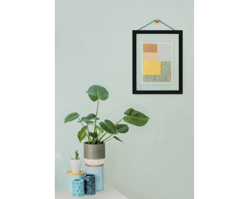 Scène d'intérieur lumineuse avec plante d'intérieur, éléments de décoration et image encadrée au mur