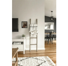 Salon avec échelle en bois, couverture à pompons et tapis