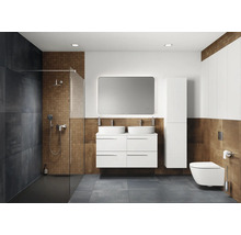 Salle de bain avec douche, double vasque, miroir et toilettes