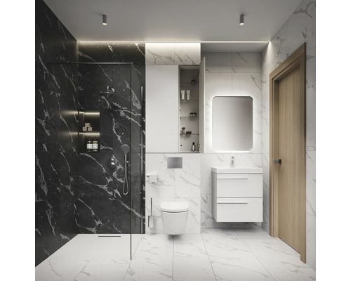 Salle de bains moderne avec douche, lavabo, miroir et toilettes au design clair