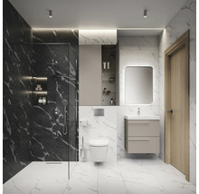 Salle de bain moderne avec douche, toilettes, meuble-lavabo et miroir