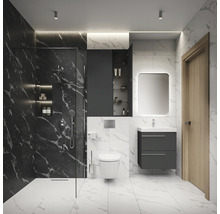 Salle de bain moderne avec douche, toilettes, lavabo et miroir