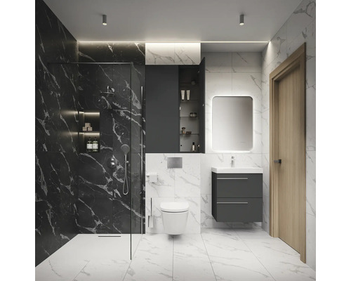 Salle de bain moderne avec douche, toilettes, lavabo et miroir