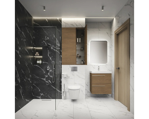 Salle de bain moderne avec douche, lavabo, armoire de toilette et WC.