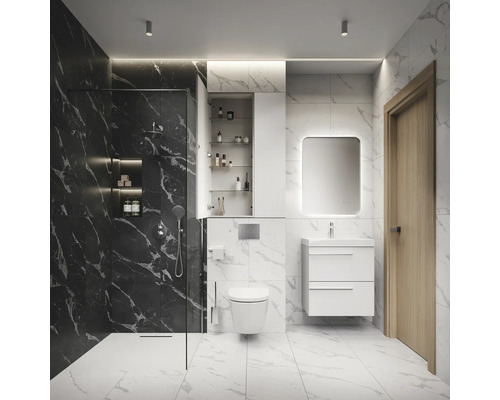 Salle de bains moderne avec douche, toilettes, lavabo et armoire de toilette.